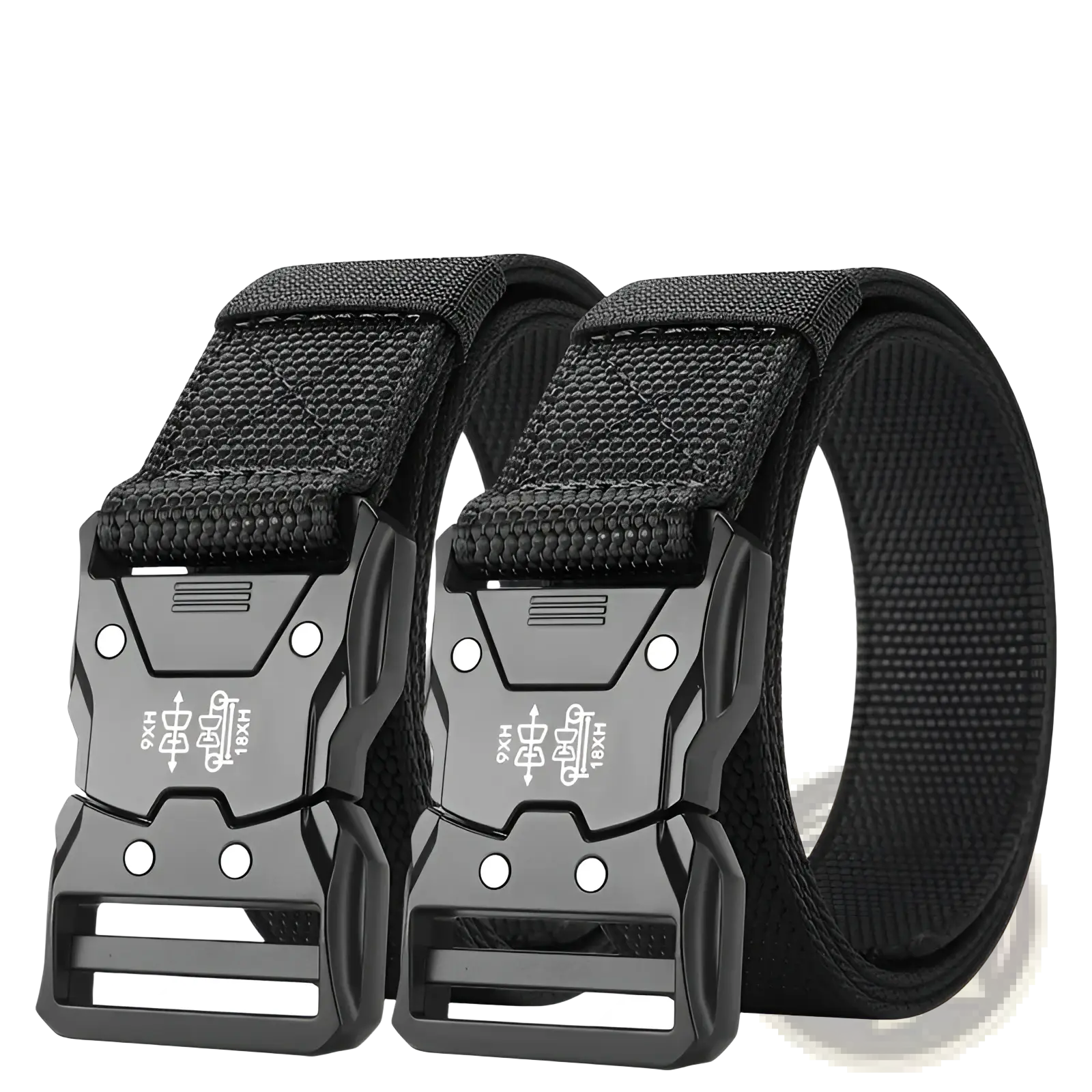 Black tactical web belt with durable woven fabric strap and matte black embossed quick release buckle for mens training