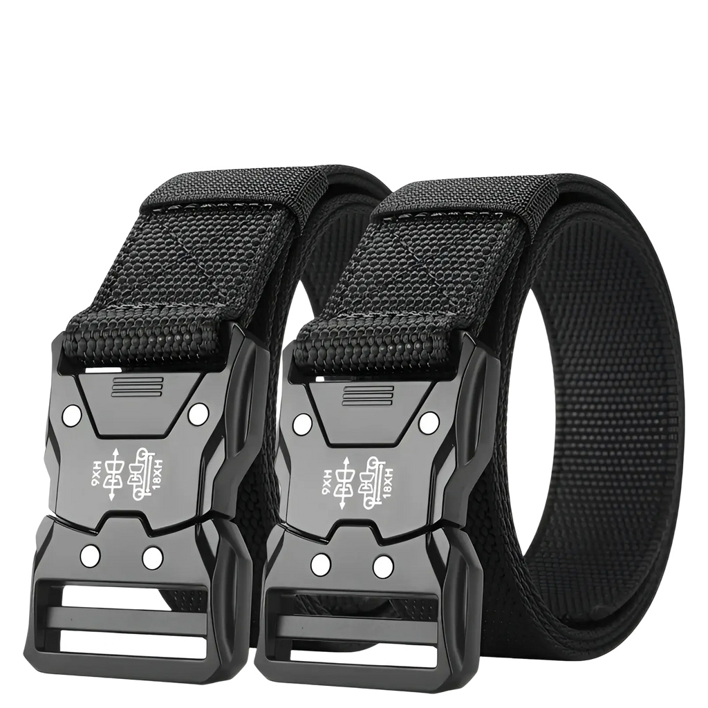 Black tactical web belt with durable woven fabric strap and matte black embossed quick release buckle for mens training