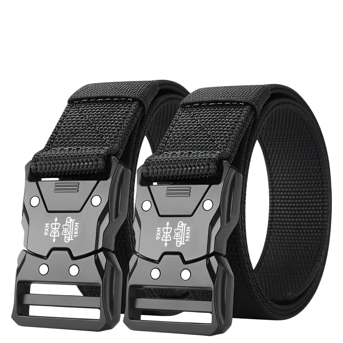 Black tactical web belt with durable woven fabric strap and matte black embossed quick release buckle for mens training