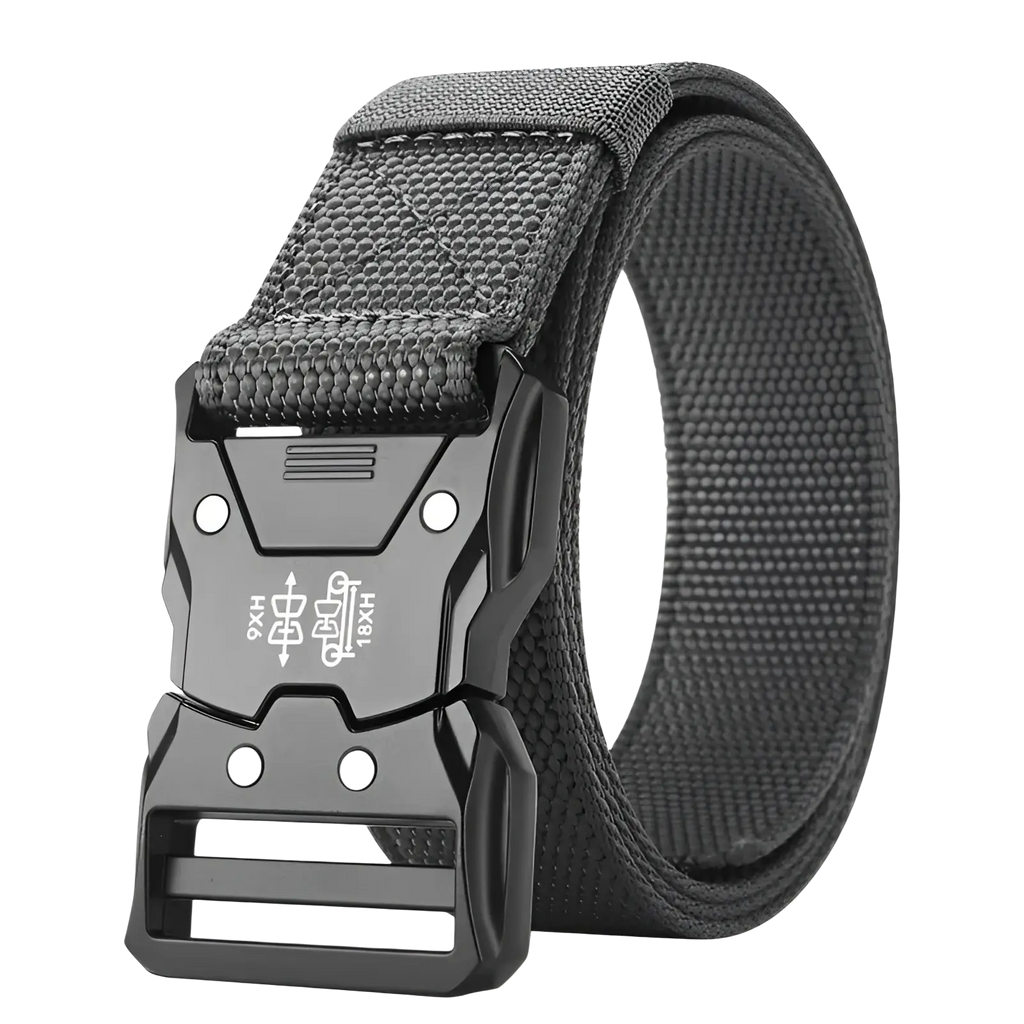 Black tactical web belt with durable woven fabric strap and matte black angular plastic quick release buckle