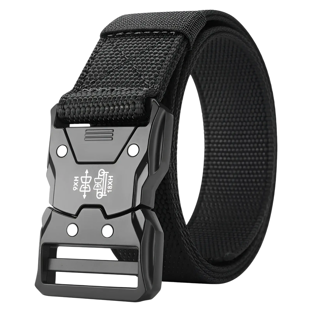 Black tactical web belt with matte plastic quick release buckle featuring white engraved text for mens training use