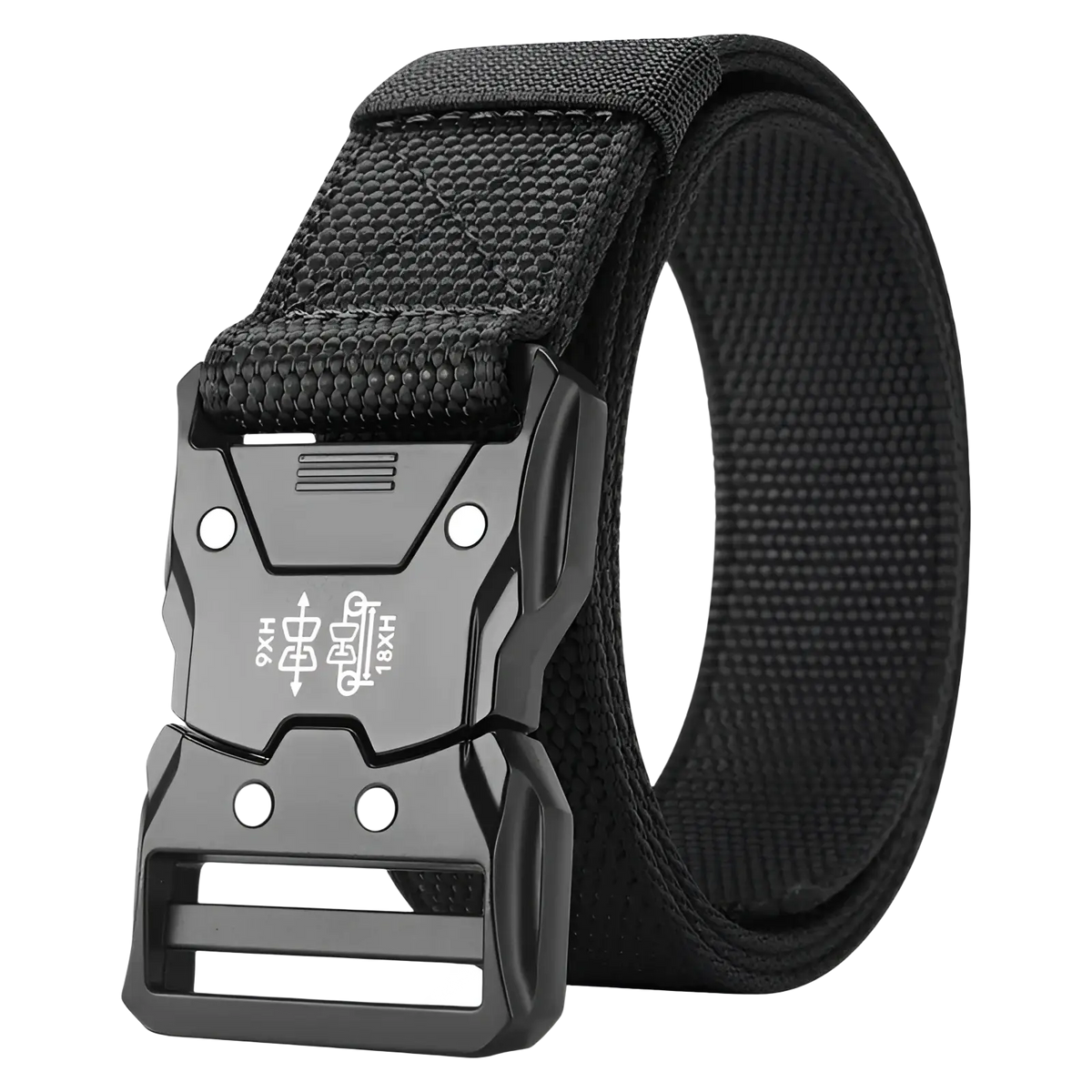 Black tactical web belt with matte plastic quick release buckle featuring white engraved text for mens training use