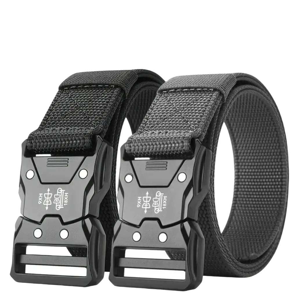 Black tactical web belt with durable woven fabric strap and matte black quick release buckle for mens training use