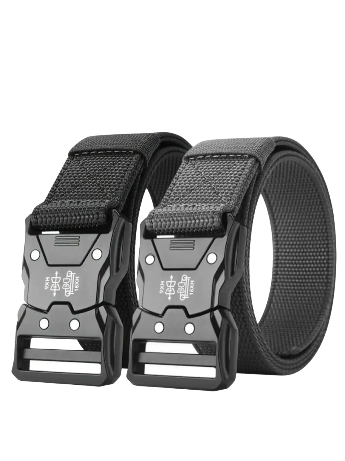 Black tactical web belt with durable woven fabric strap and matte black angular plastic quick release buckle