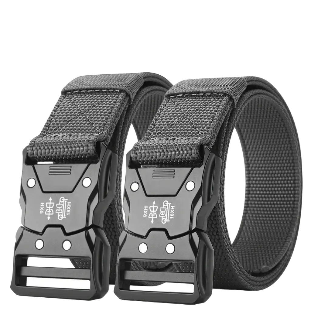 Black tactical web belt with durable woven fabric strap and sturdy engraved quick release plastic buckle for mens training