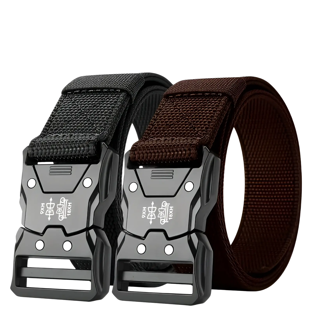 Tactical web belts in black and brown with matte metal quick release buckles for mens training waistband use