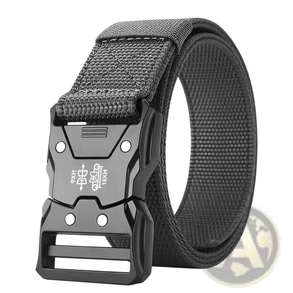 Black tactical web belt with durable woven fabric strap and matte black angular plastic quick release buckle