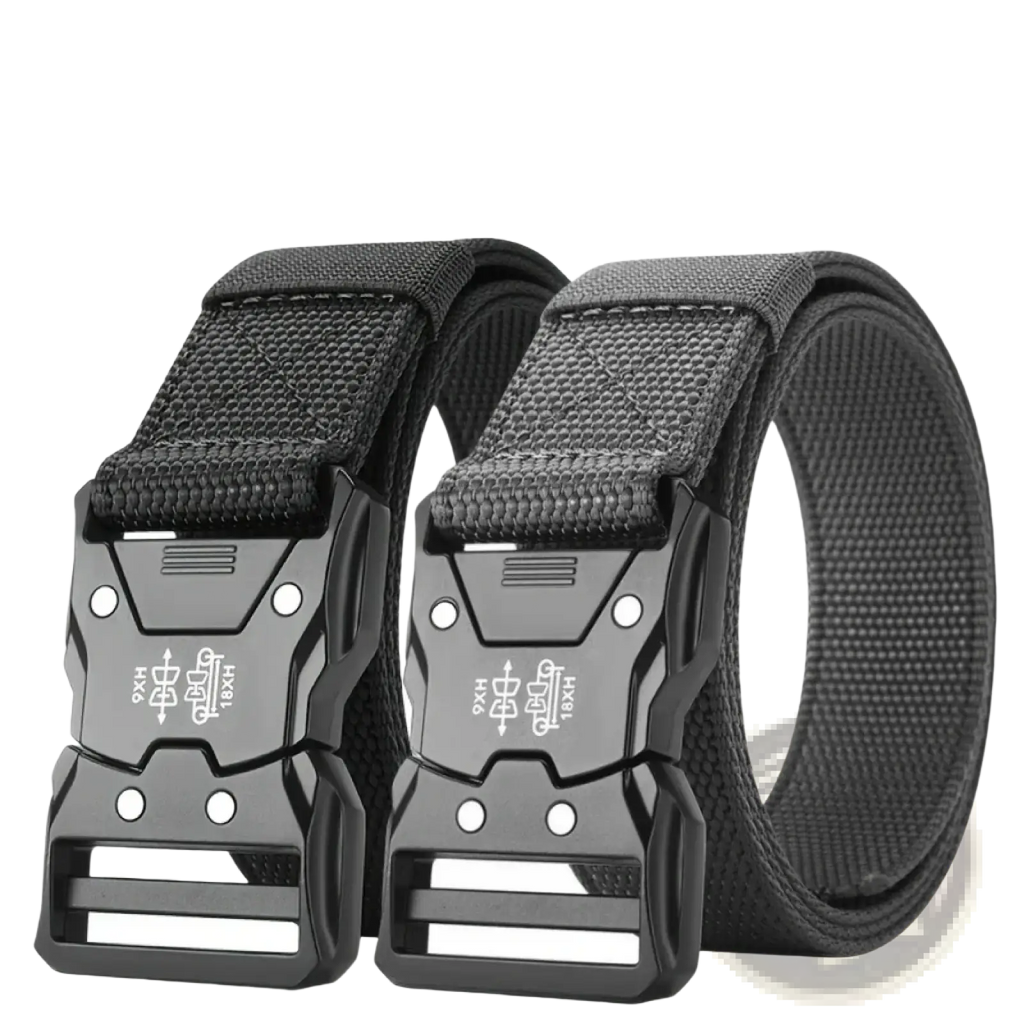 Black tactical web belt with durable woven fabric strap and matte black quick release buckle for mens training use