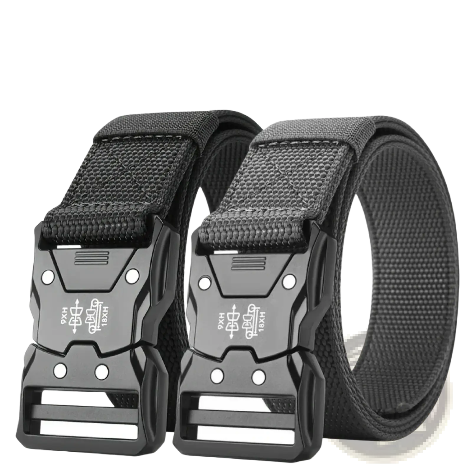 Black tactical web belt with durable woven fabric strap and matte black quick release buckle for mens training use