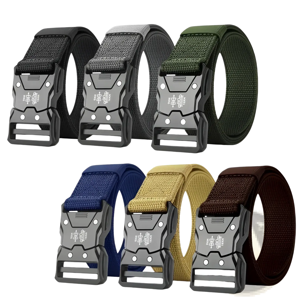 Tactical web belt quick release mens training waistband in black gray olive green blue tan and brown nylon with metal buckle