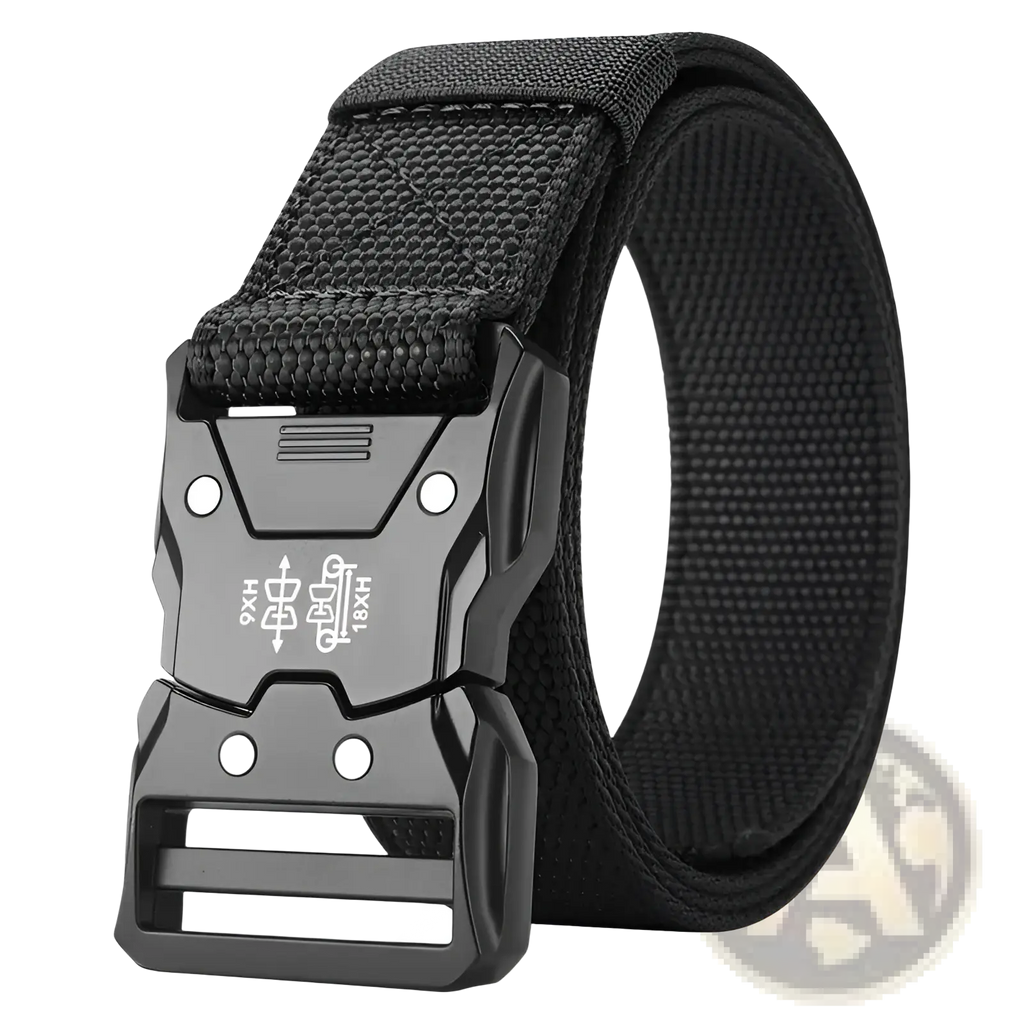 Black tactical web belt with matte plastic quick release buckle featuring white engraved text for mens training use