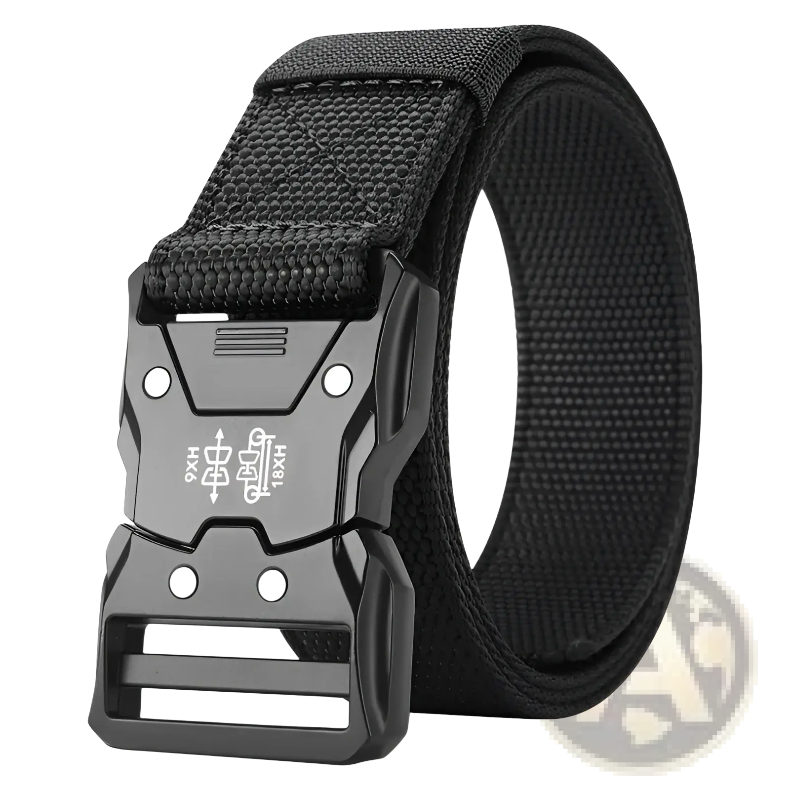 Black tactical web belt with matte plastic quick release buckle featuring white engraved text for mens training use