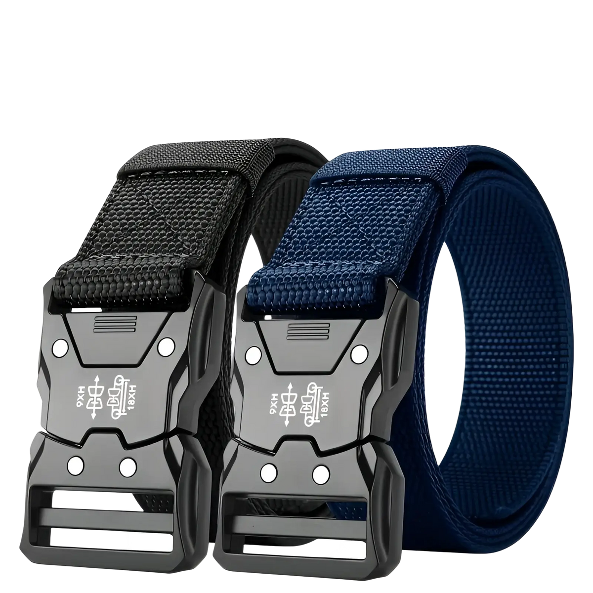 Tactical web belts in black and navy blue with matte black plastic quick release buckles for mens training use
