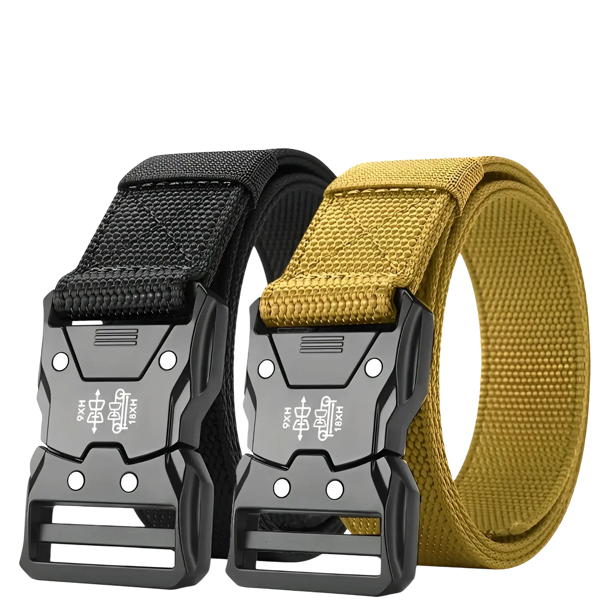 Black and tan tactical web belts with rugged matte-finish plastic quick release buckles for mens training waistband