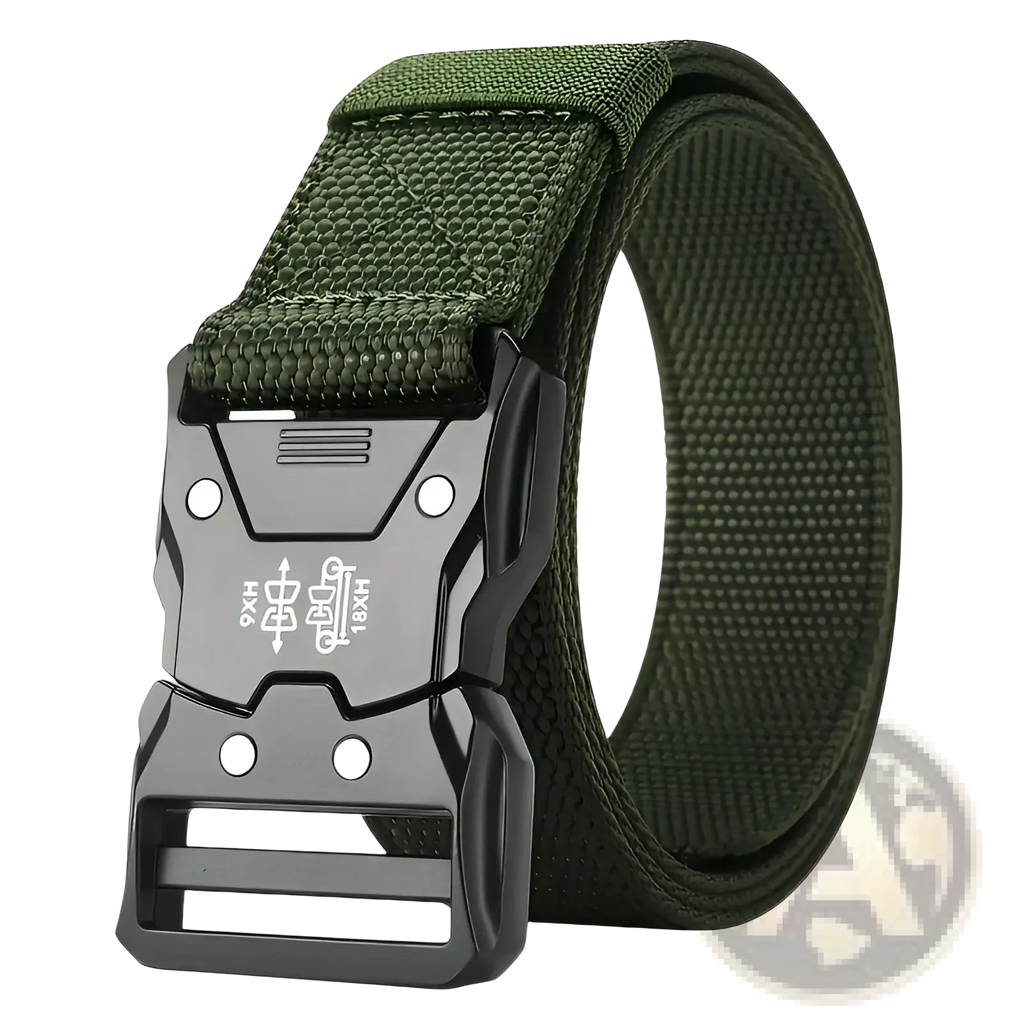 Dark green tactical web belt with black and silver metal quick release buckle featuring engraved logo for mens training
