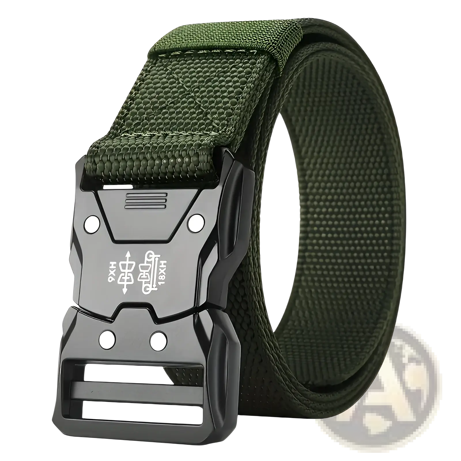 Dark green tactical web belt with black and silver metal quick release buckle featuring engraved logo for mens training