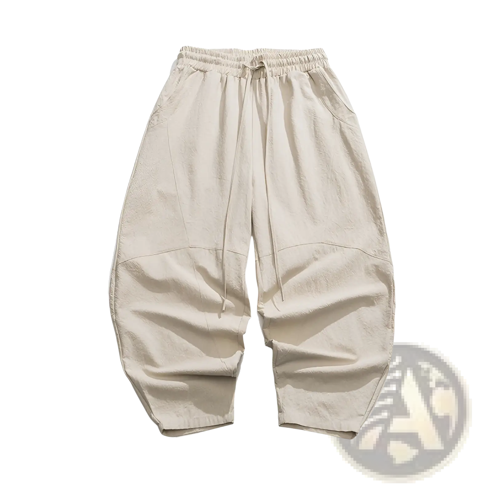 Beige loose-fitting tai chi linen baggy pants with elastic waistband and drawstring for relaxed casual wear