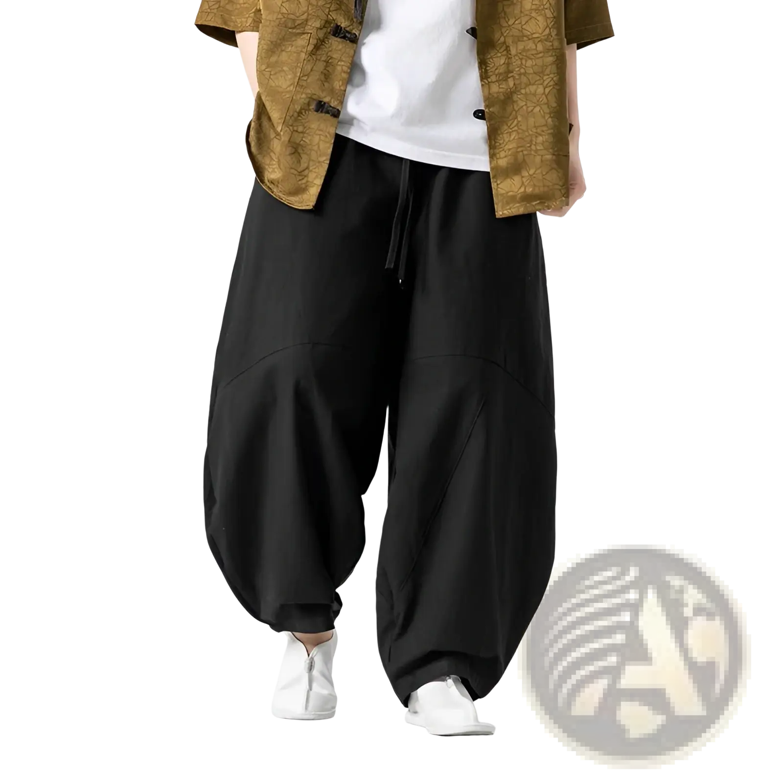 Black tai chi linen baggy pants with drawstring waist and tapered ankles designed for relaxed casual wear
