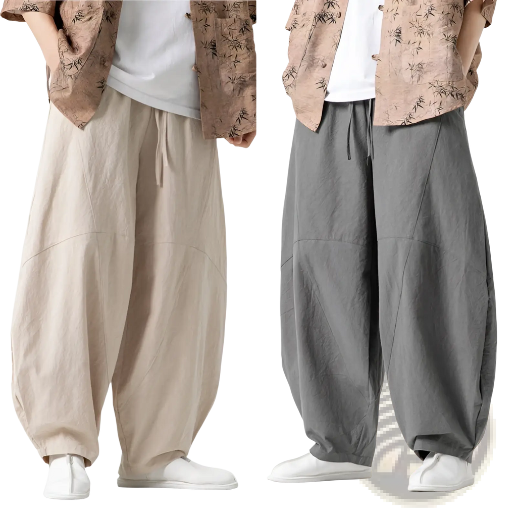 Beige and gray loose-fitting linen tai chi baggy pants with drawstring waistband for relaxed casual wear