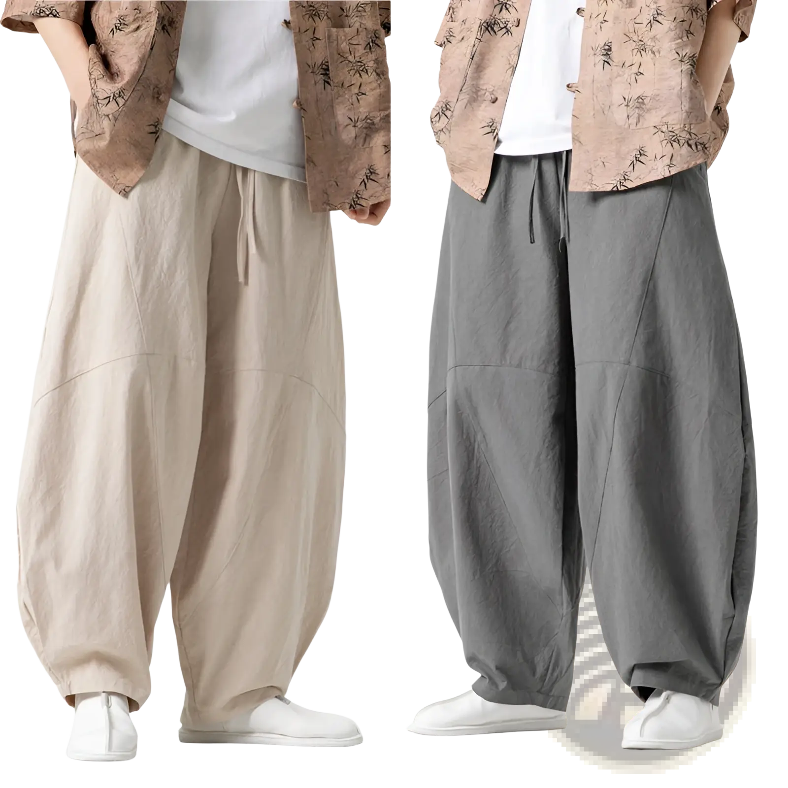 Beige and gray loose-fitting linen tai chi baggy pants with drawstring waistband for relaxed casual wear