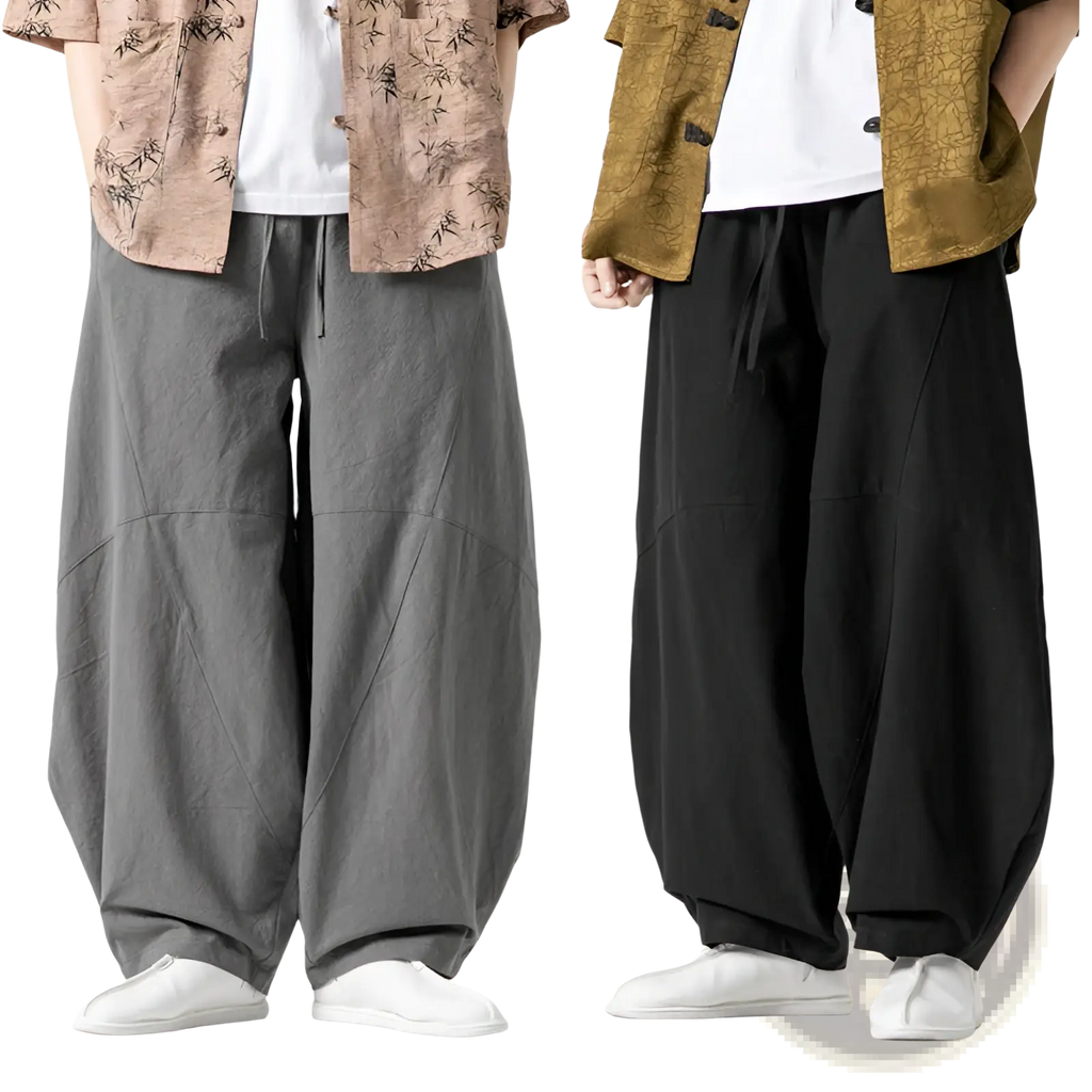 Gray and black tai chi linen baggy pants with a wide-leg relaxed fit suitable for casual wear