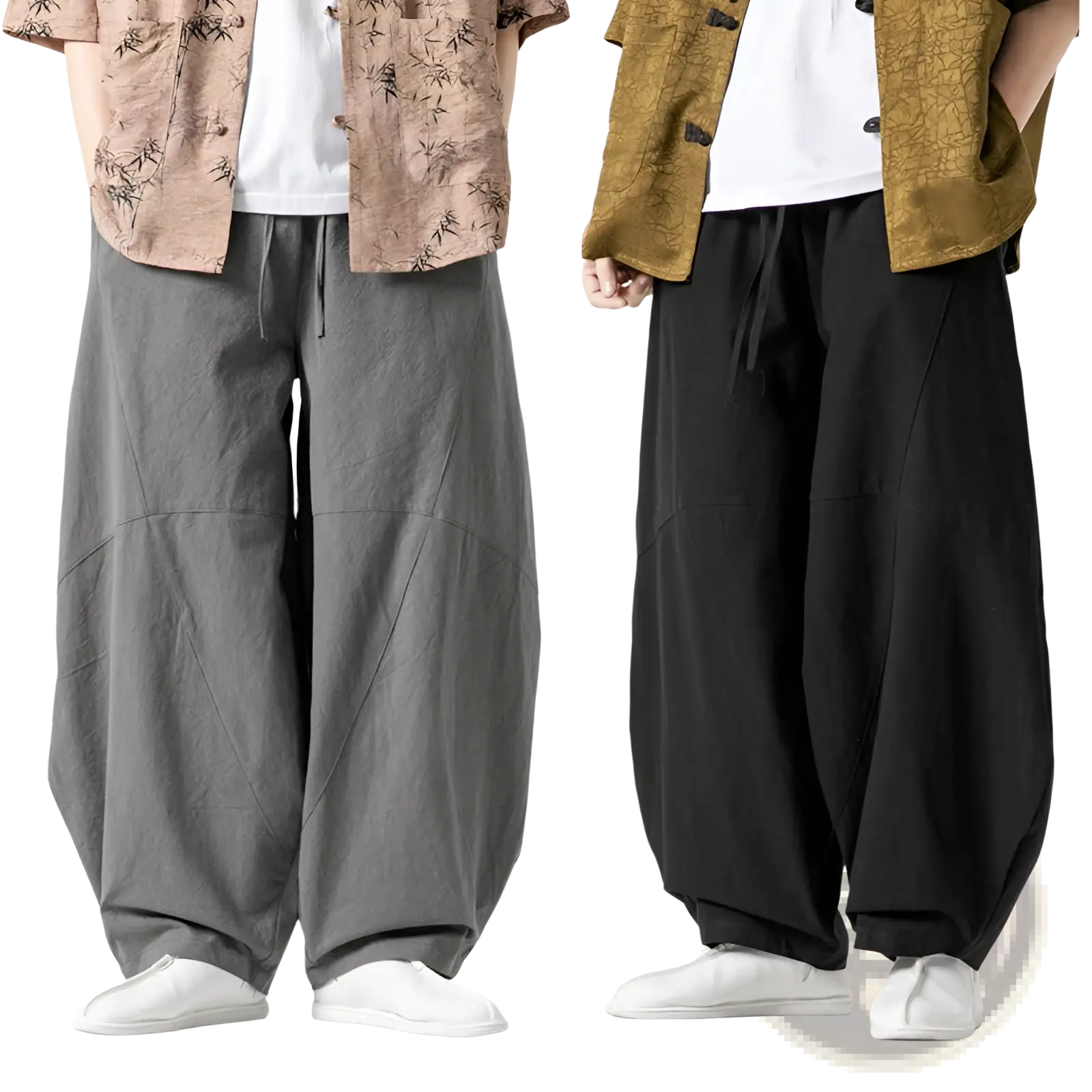 Gray and black tai chi linen baggy pants with a wide-leg relaxed fit suitable for casual wear