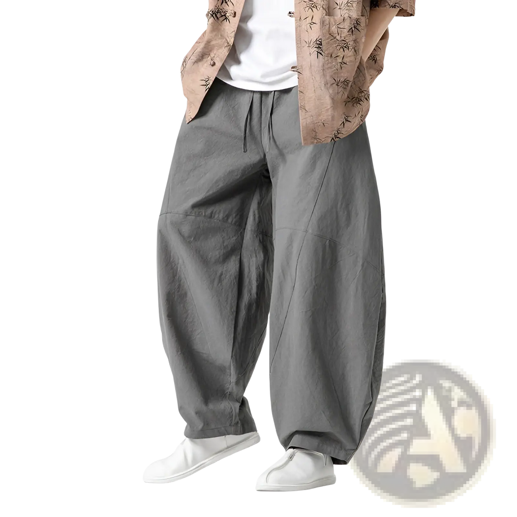 Gray tai chi linen baggy pants with drawstring waist and subtle stitching details for relaxed casual wear