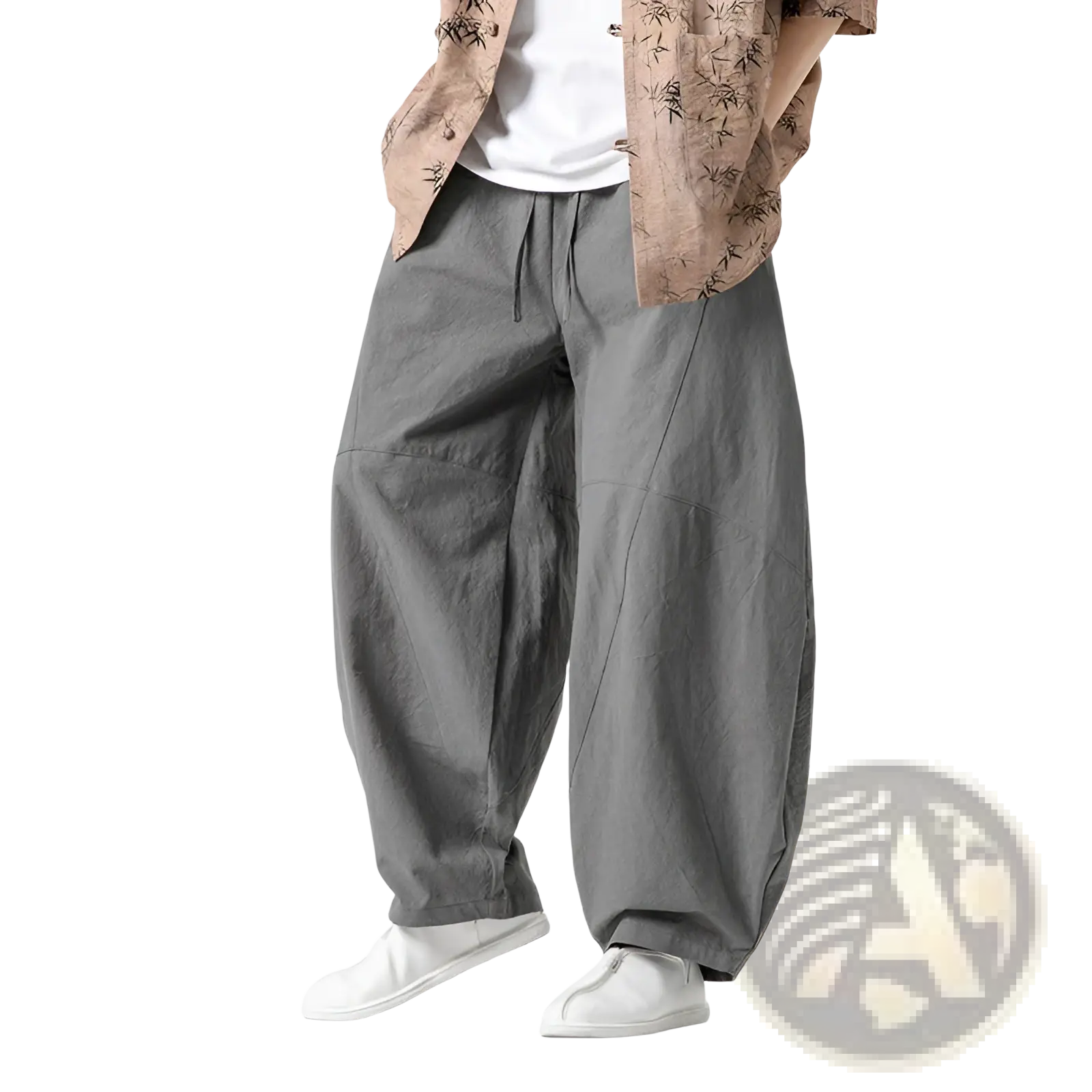 Gray tai chi linen baggy pants with drawstring waist and subtle stitching details for relaxed casual wear