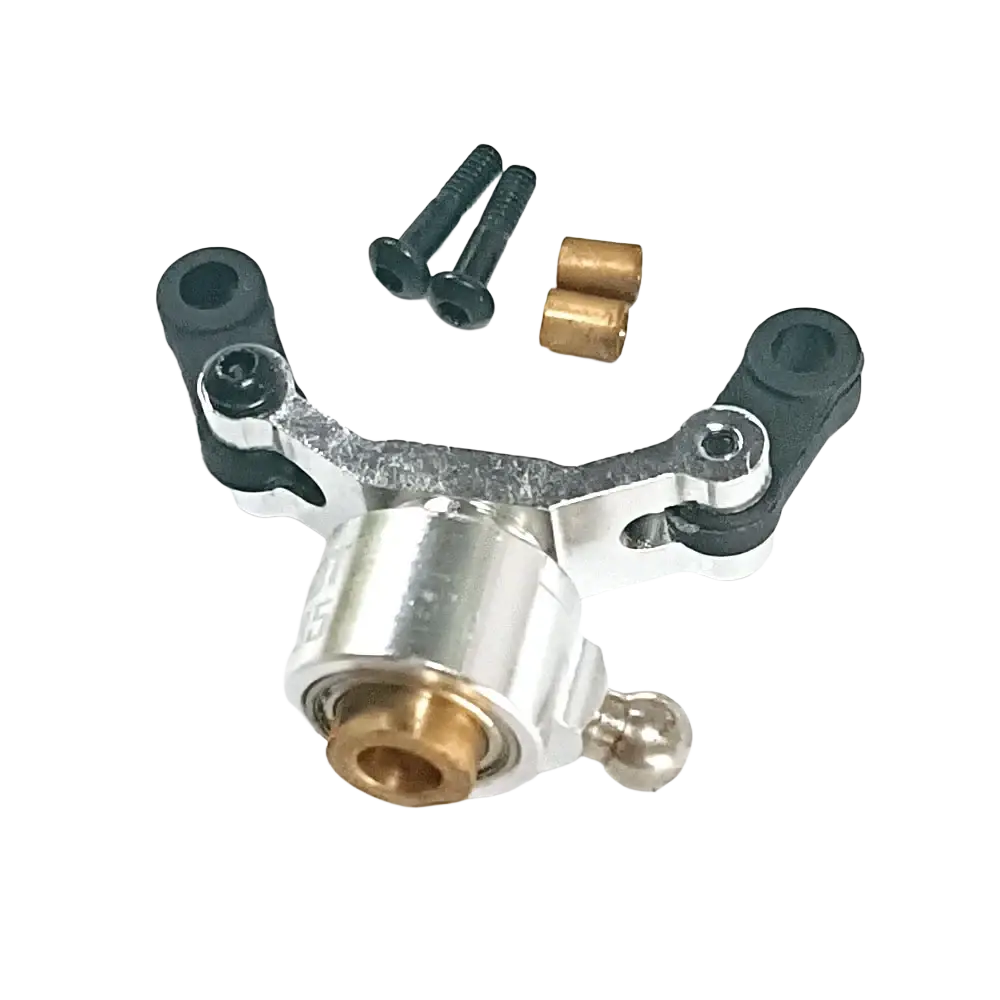 Silver and black metal servo arm with brass bearings and machined finish for tail rotor control set of T-rex 500 helicopter