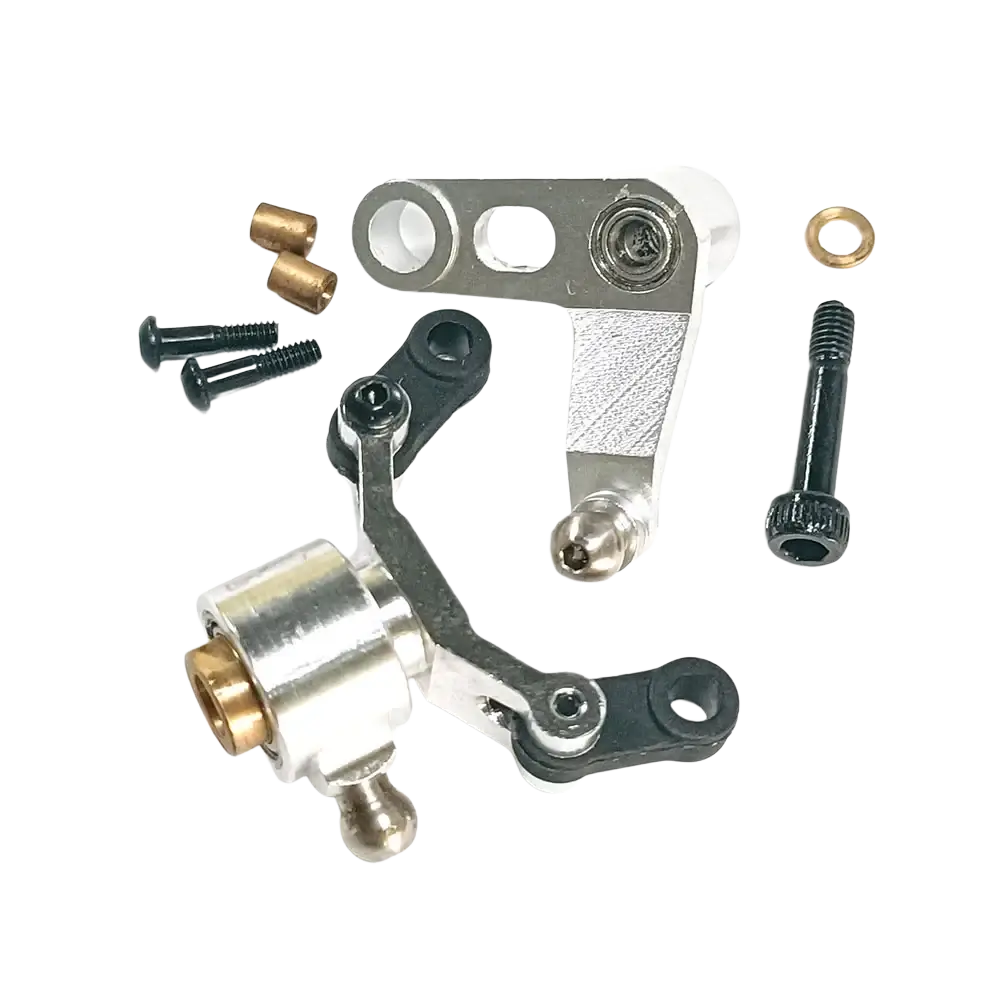 Silver and black metal tail rotor control set with brass accents for trex 500 helicopter rotor control assembly