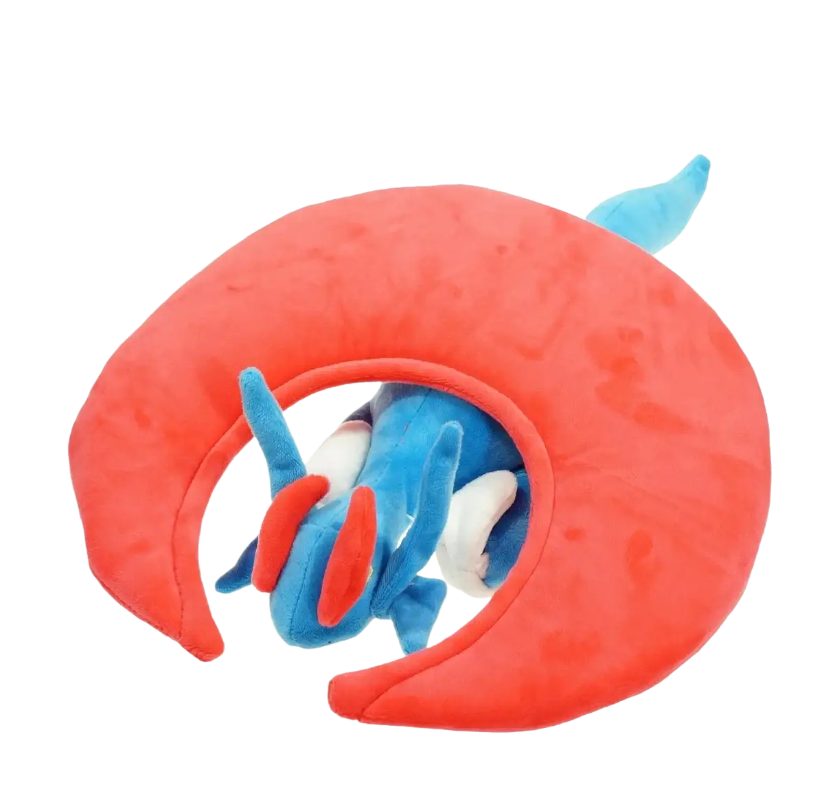 Takara tomy pokemon mudkip plush toy with blue white red accents nestled inside a large orange crescent shell