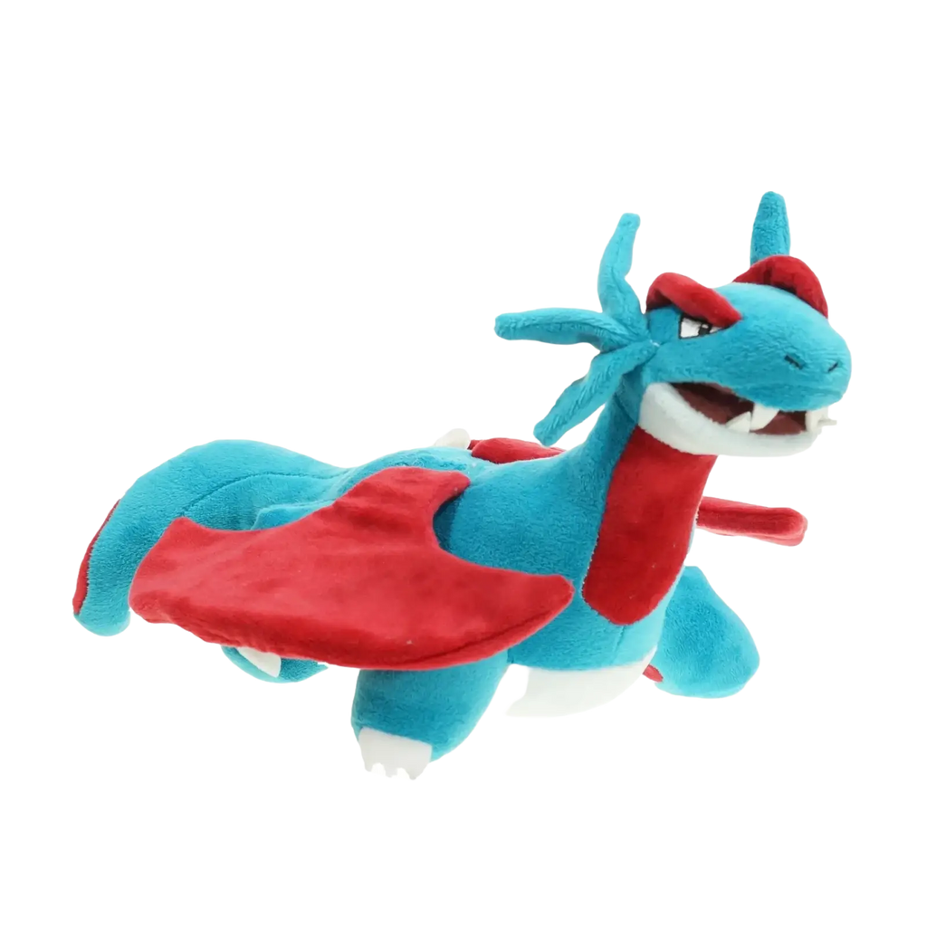 Takara tomy pokemon plush toy of dragonite with vibrant blue body and red wings and accents on head and neck