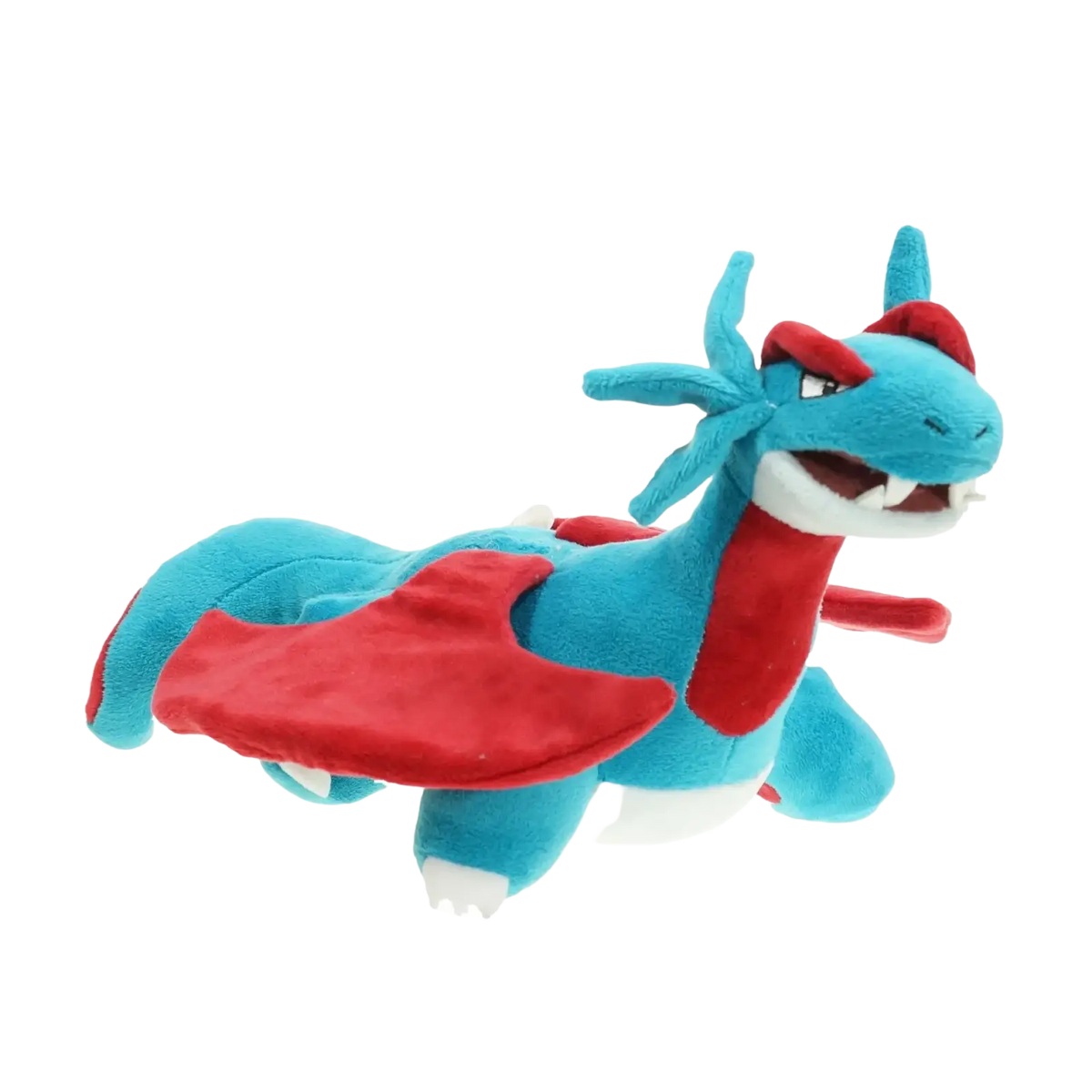 Takara tomy pokemon plush toy of dragonite with vibrant blue body and red wings and accents on head and neck