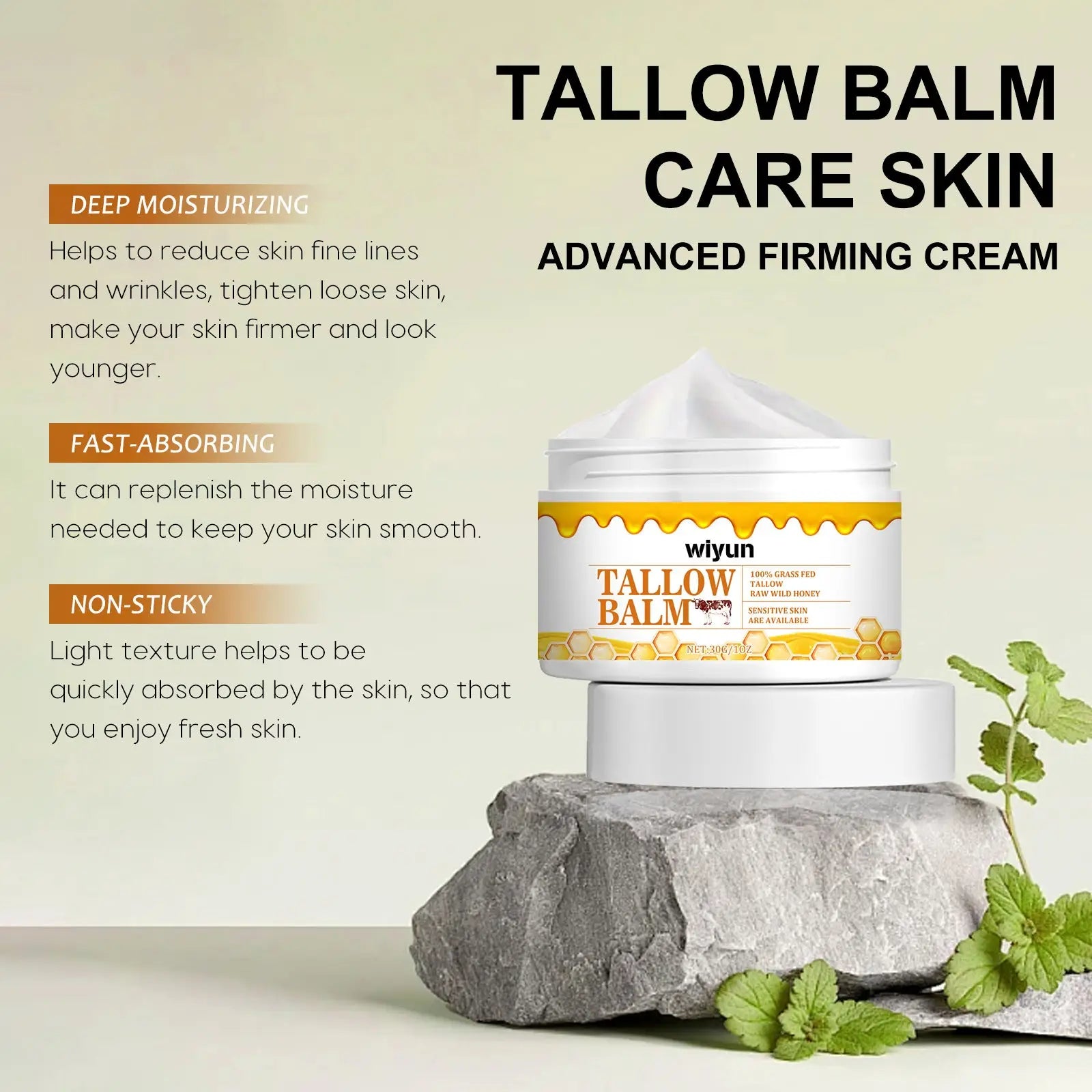 White jar of wiyun tallow balm with raw honey anti wrinkle cream featuring yellow honeycomb label for firming skin care