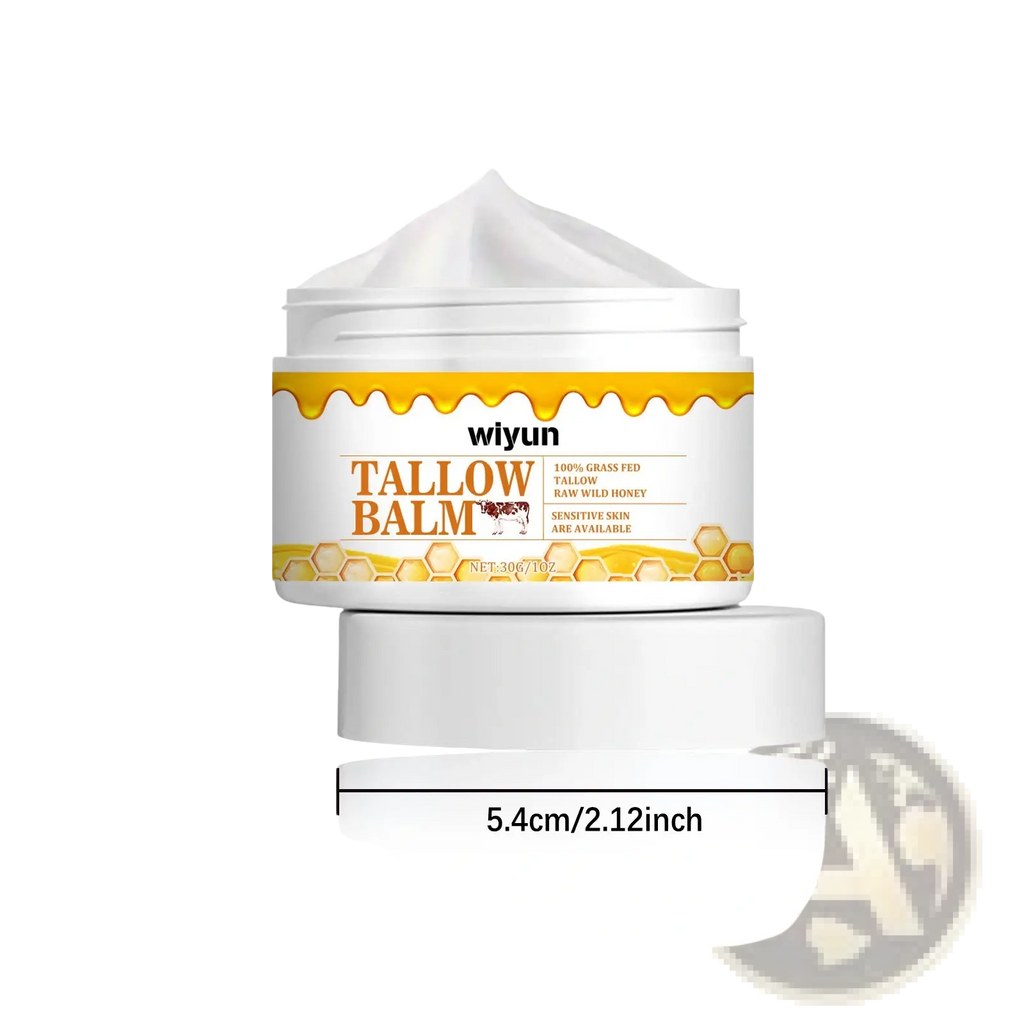 White jar of wiyun tallow balm with yellow honey label and white balm dollop for anti wrinkle cream 30g