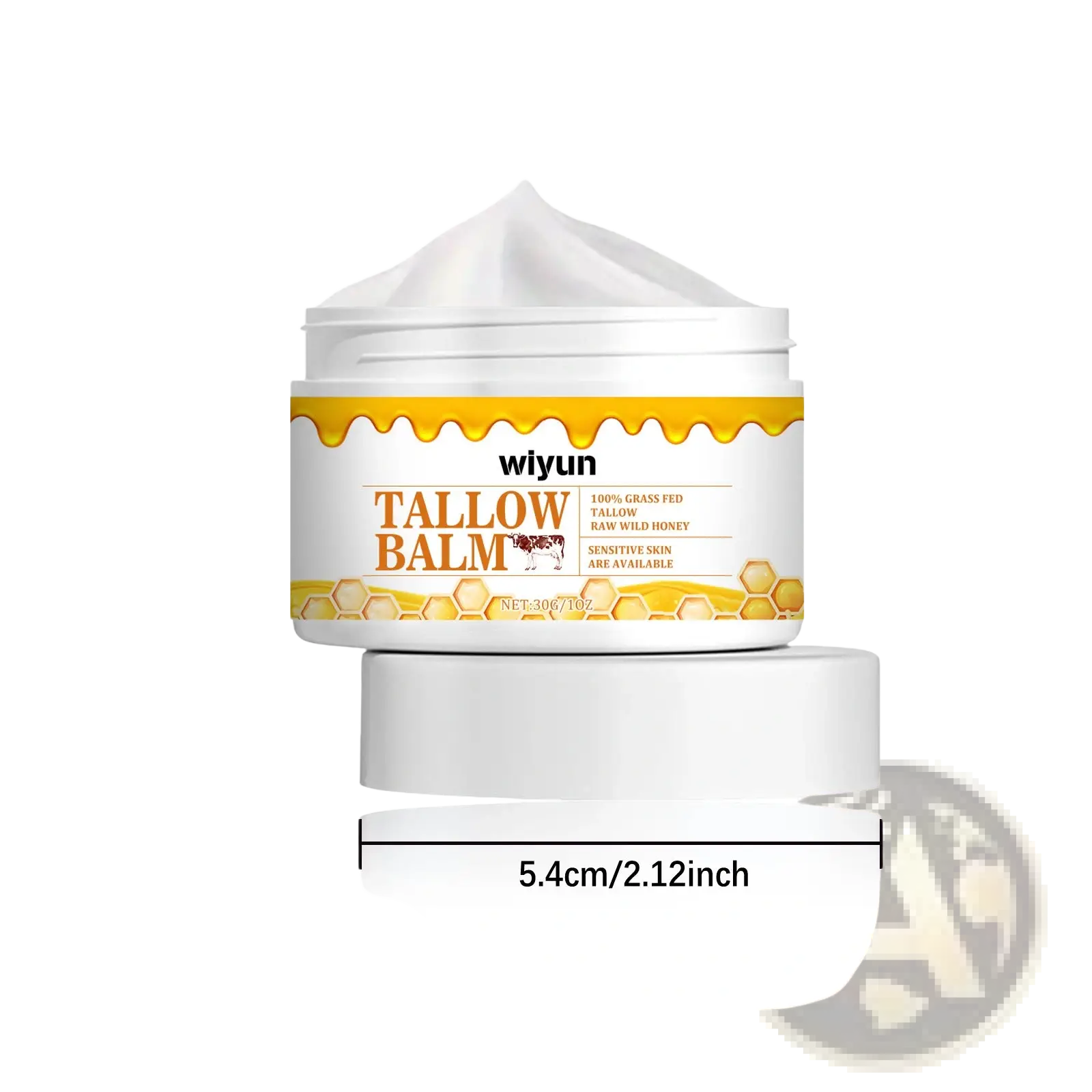 White jar of wiyun tallow balm with yellow honey label and white balm dollop for anti wrinkle cream 30g