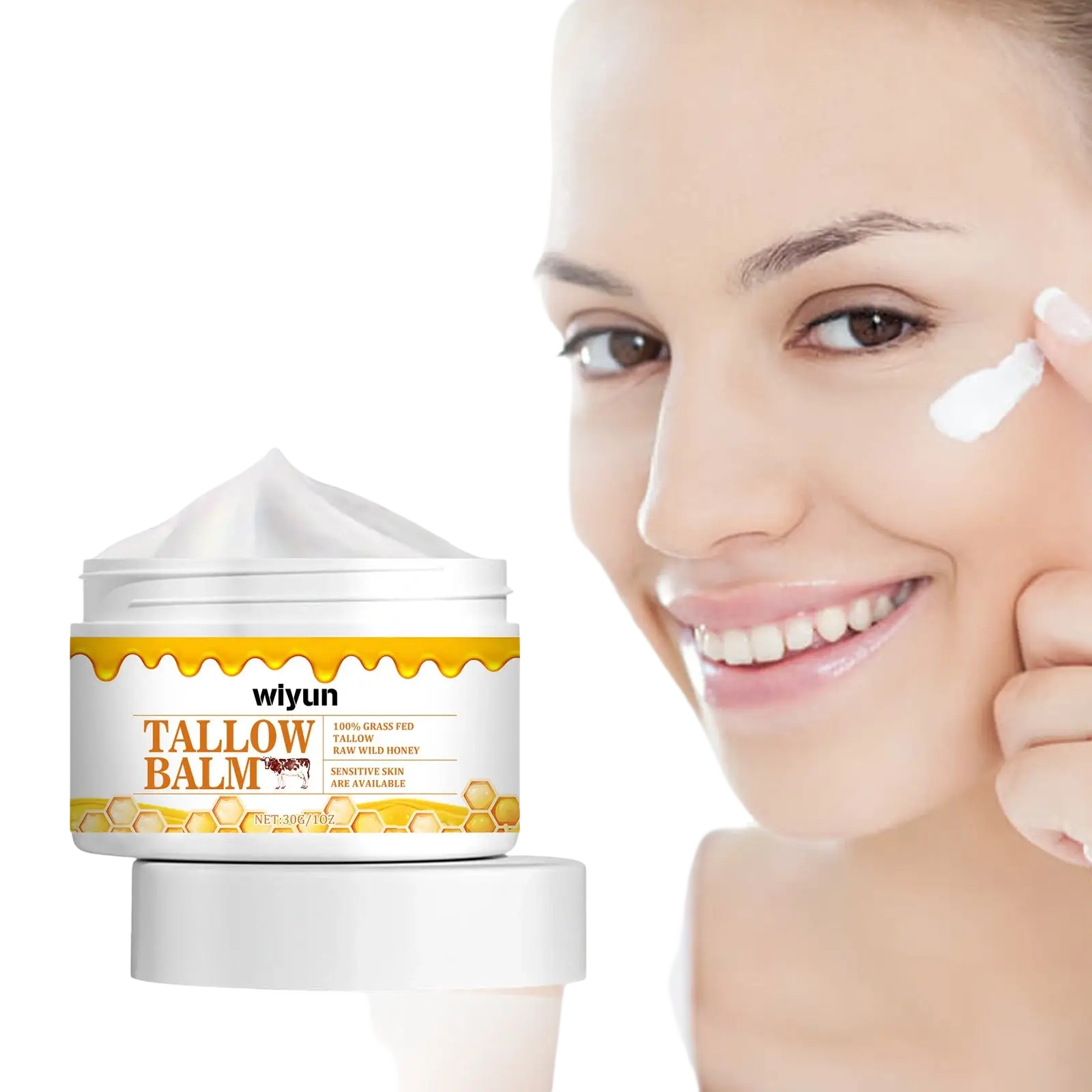 White jar of wiyun tallow balm with yellow honey label and a dollop of white raw honey anti wrinkle cream top