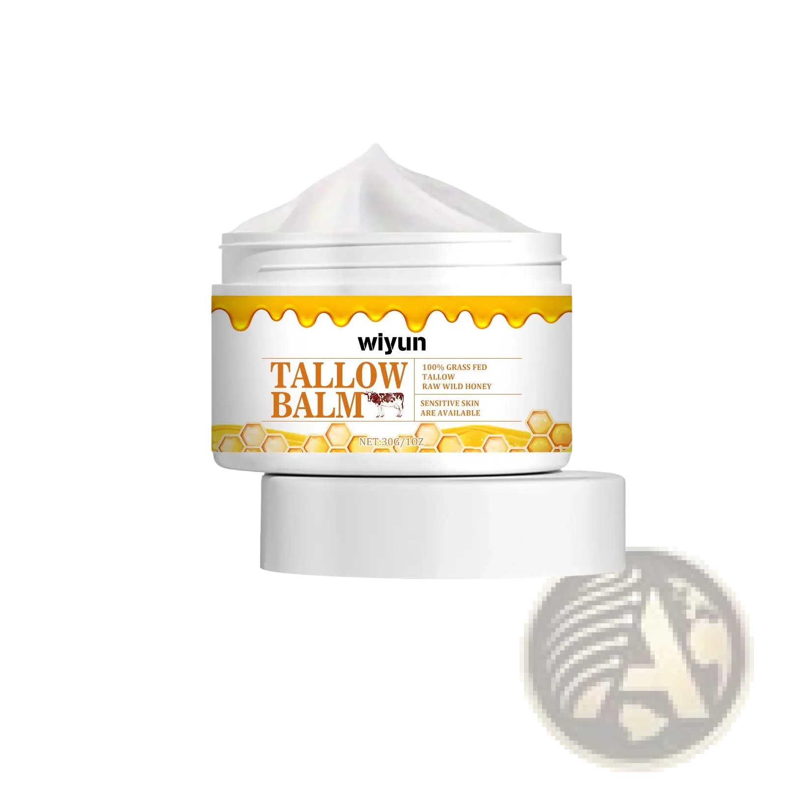 White jar of Wiyun Tallow Balm with yellow honey label and white balm dollop for anti wrinkle cream 30g