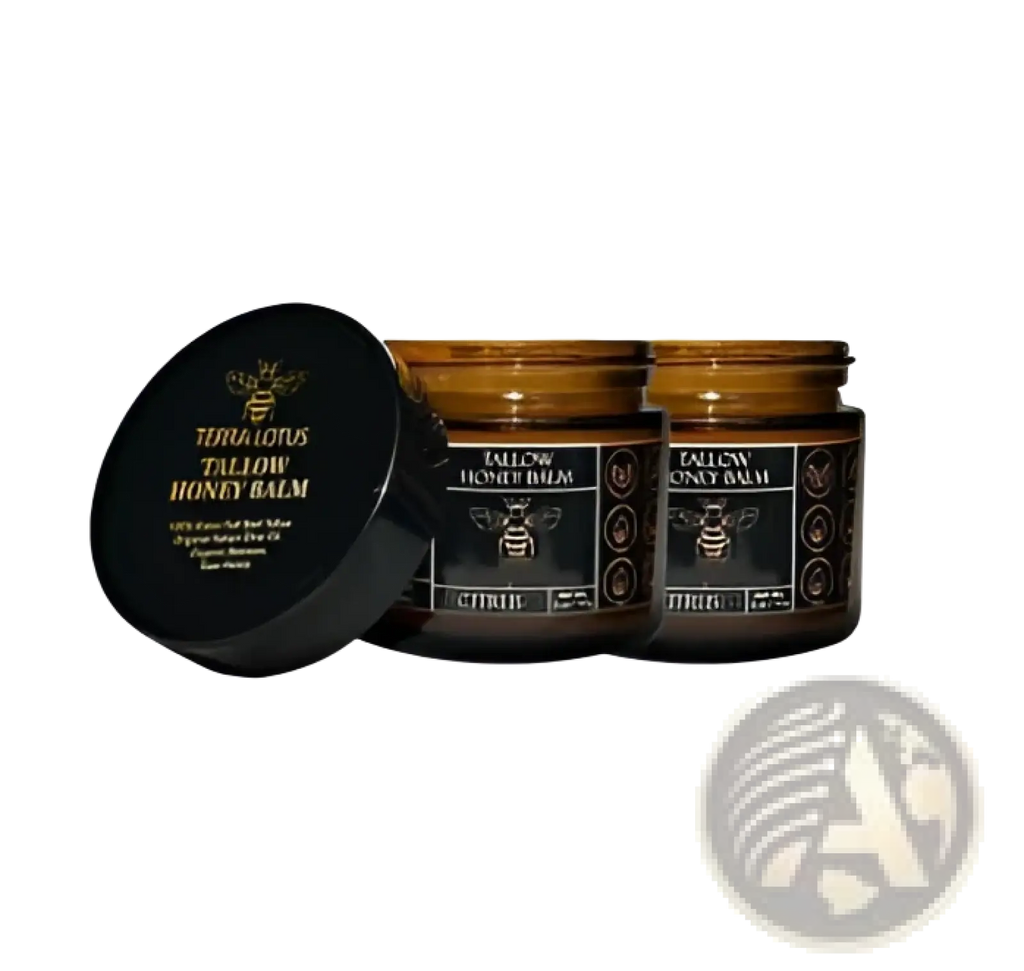 Three amber glass jars of tallow honey balm moisturizing body cream 100g with black lids and gold bee labels