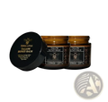 Three amber glass jars of tallow honey balm moisturizing body cream 100g with black lids and gold bee labels