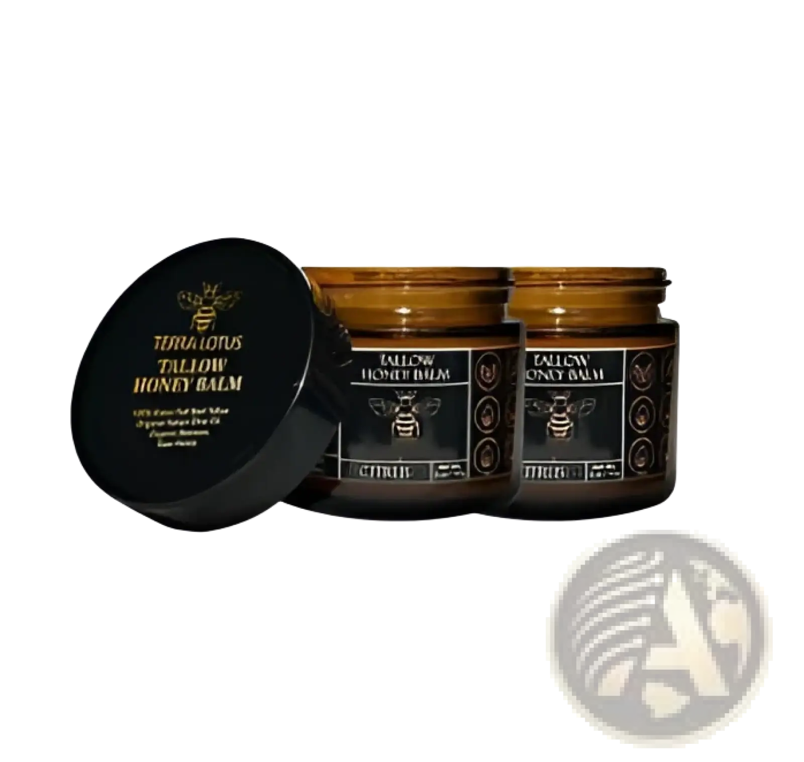 Three amber glass jars of tallow honey balm moisturizing body cream 100g with black lids and gold bee labels