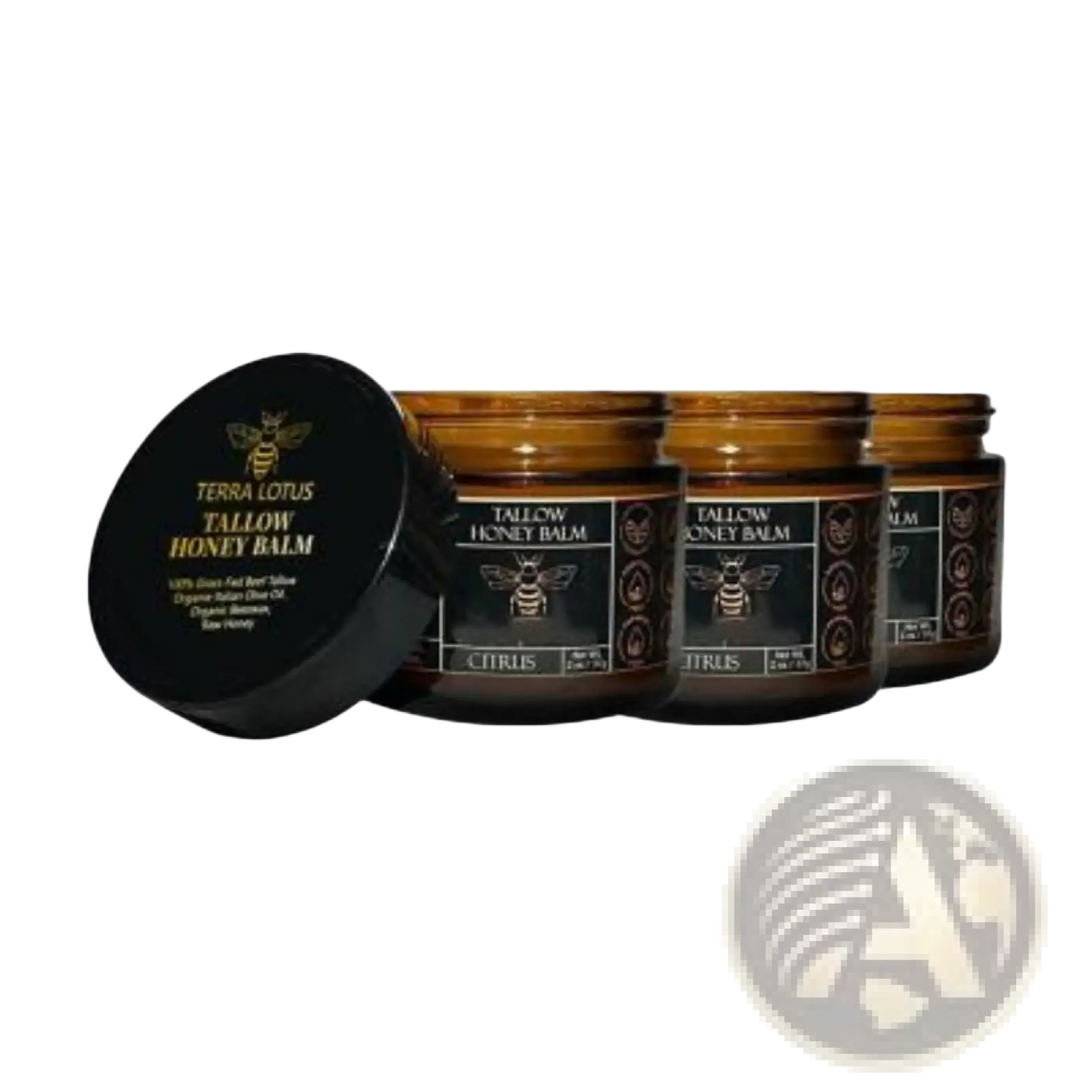 Three amber glass jars of Terra Lotus tallow honey balm moisturizing body cream 100g with black lids and gold bee labels