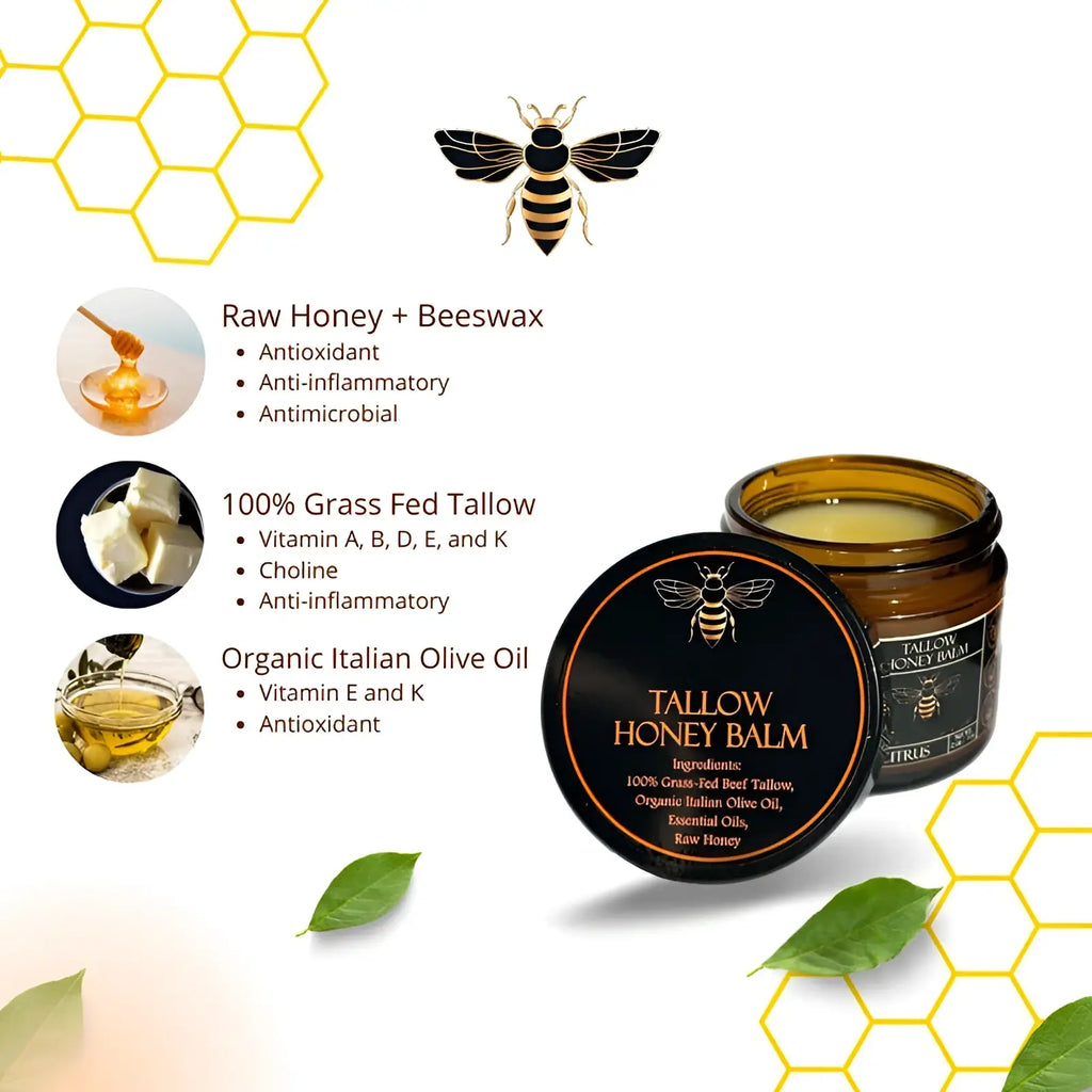 A dark amber glass jar with black lid and gold bee design containing tallow honey balm moisturizing body cream 100g