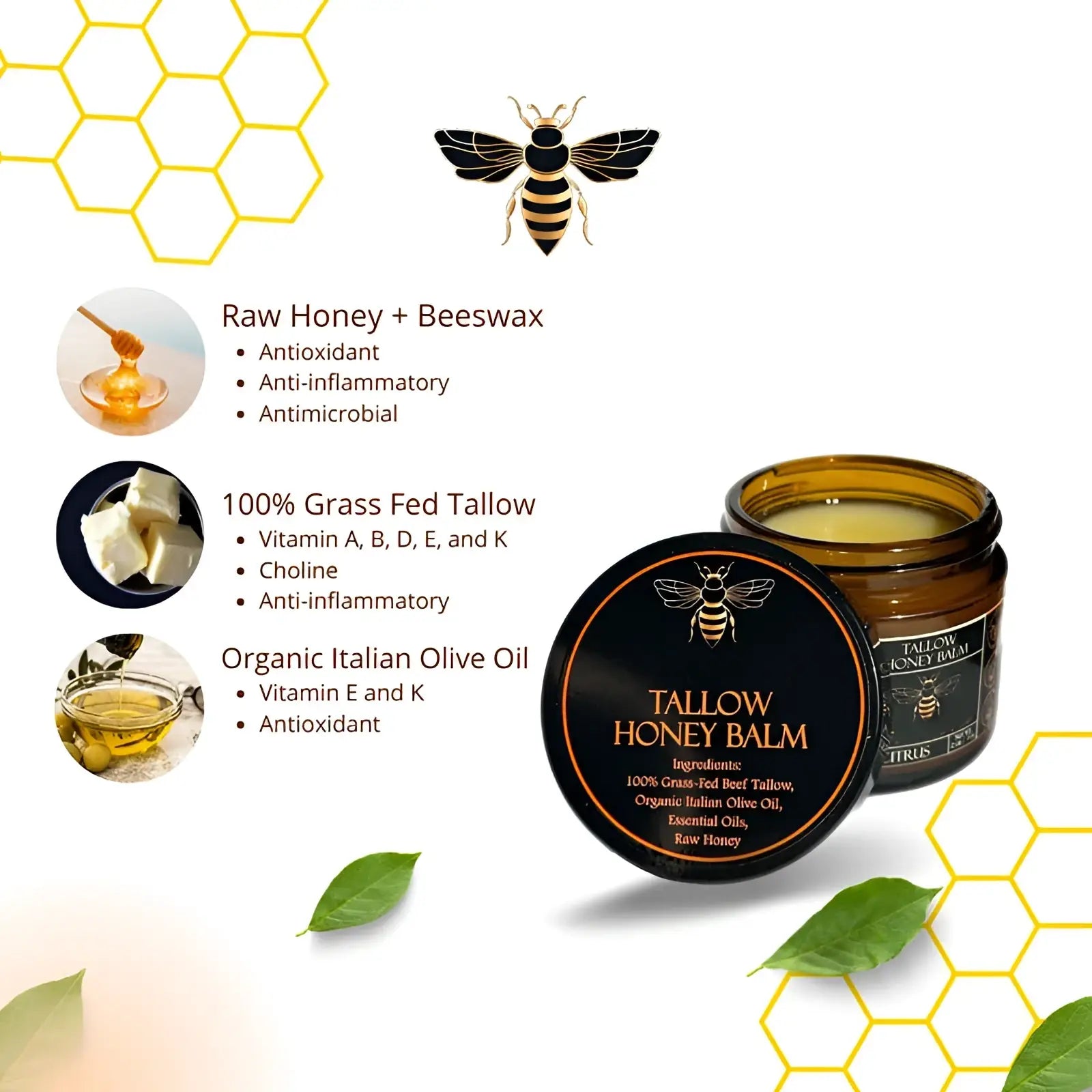 A dark amber glass jar with black lid and gold bee design containing tallow honey balm moisturizing body cream 100g
