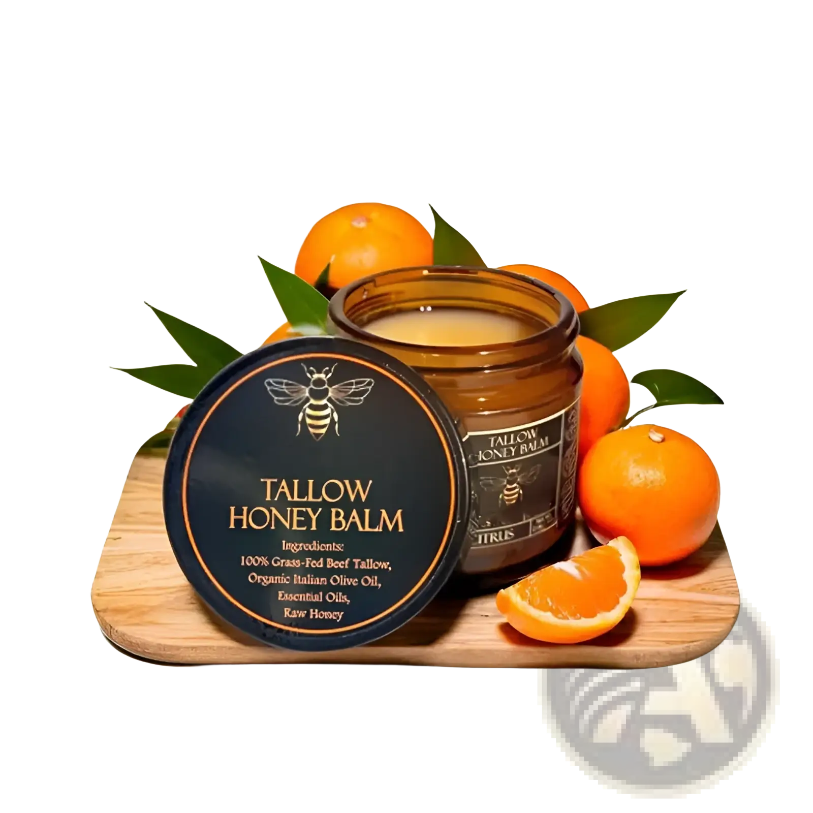 Amber glass jar of tallow honey balm moisturizing body cream 100g with black lid and bee emblem surrounded by oranges and leaves
