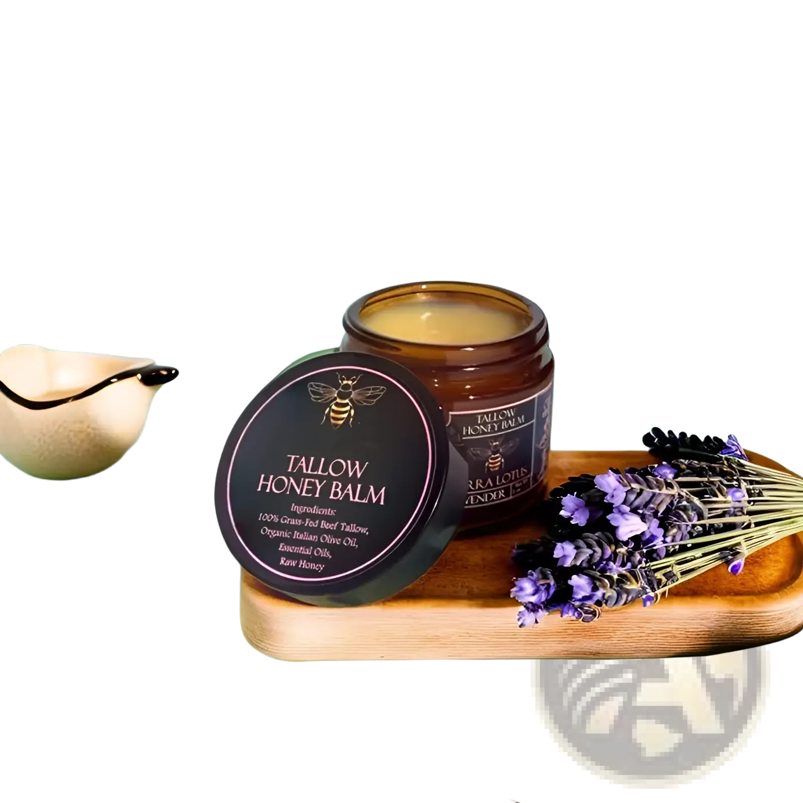 A dark amber glass jar with black lid containing golden-yellow tallow honey balm moisturizing body cream 100g