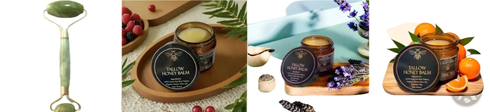 Tallow honey balm moisturizing body cream 100g next to a jade green stone facial roller with polished spherical ends