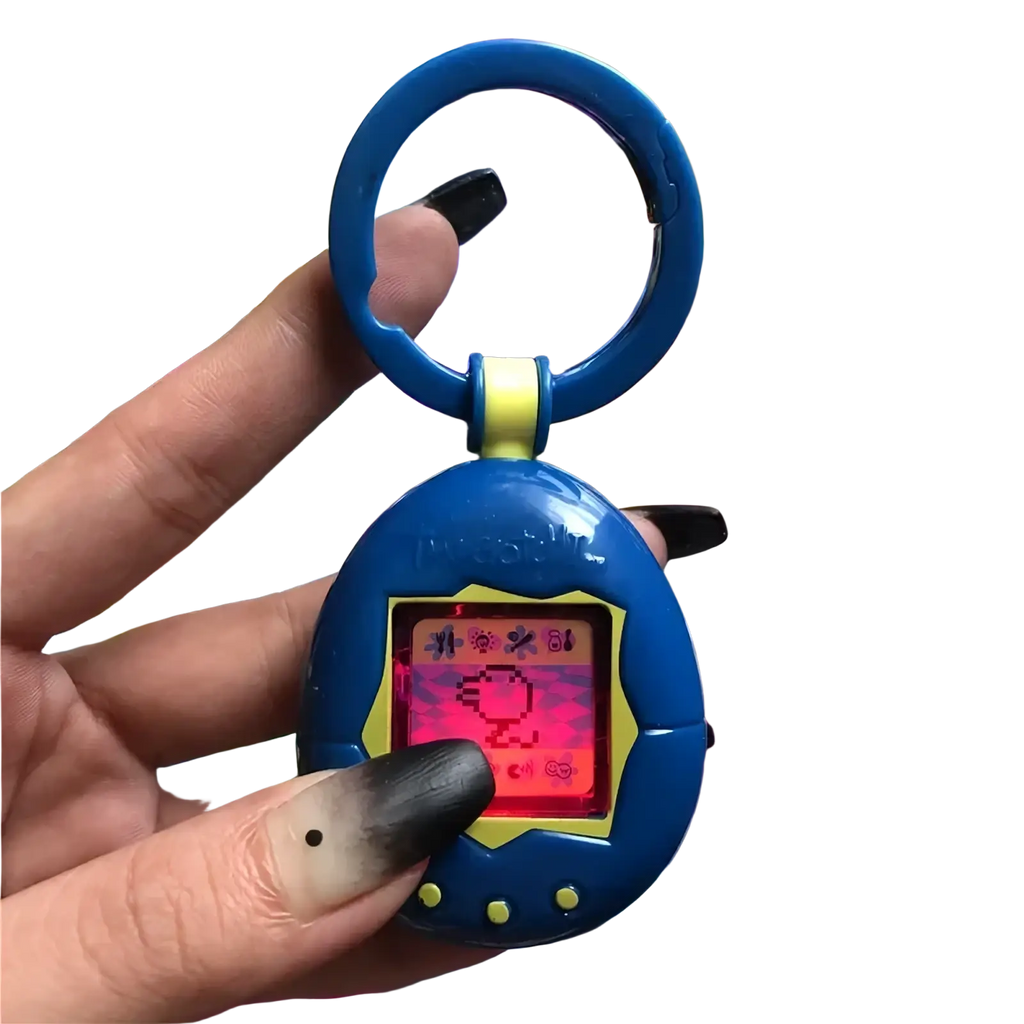 Blue plastic tamagotchi electronic virtual pet keychain 90s toy with yellow screen border and three buttons below