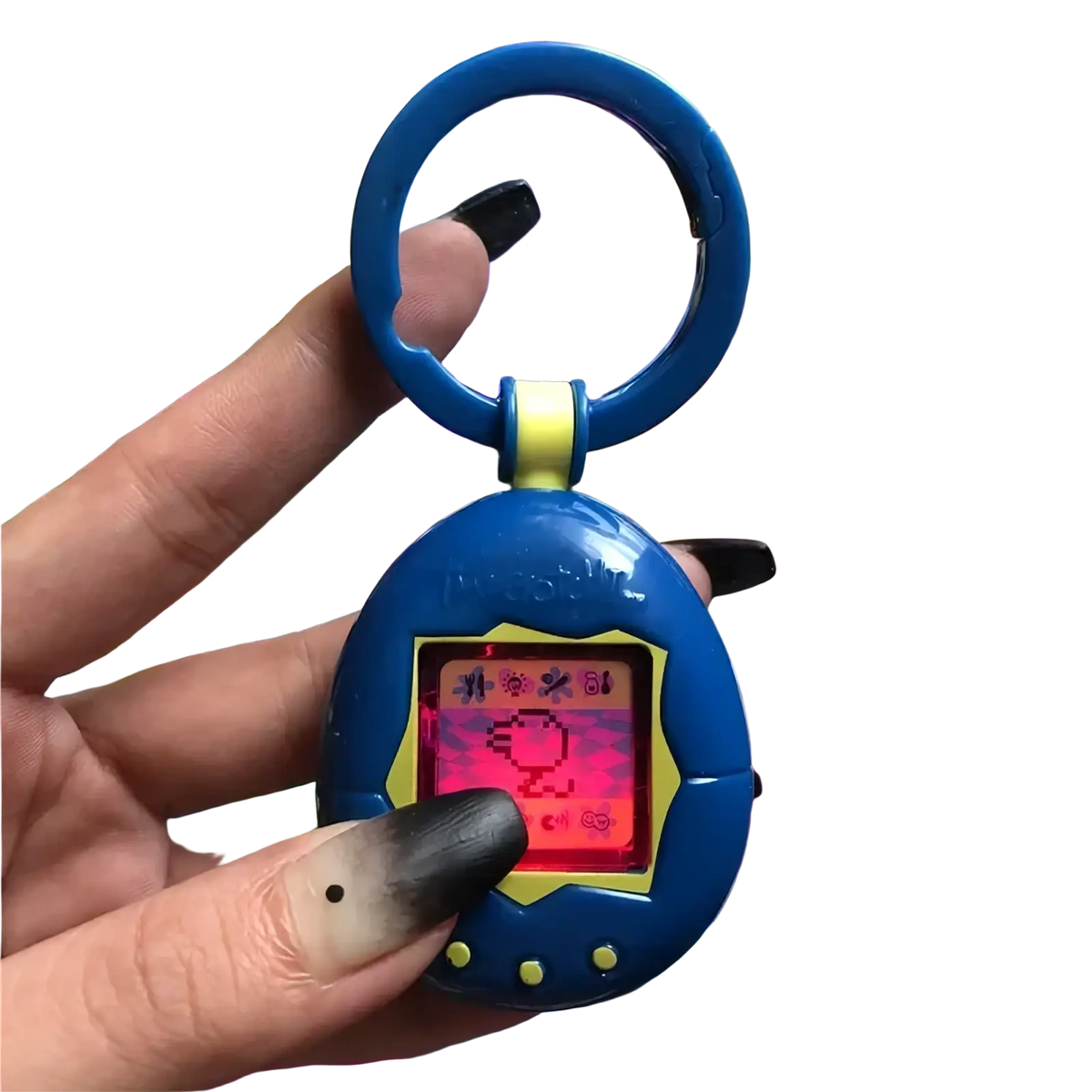 Blue plastic tamagotchi electronic virtual pet keychain 90s toy with yellow screen border and three buttons below