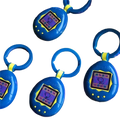 Blue plastic tamagotchi electronic virtual pet keychain with yellow screen accent and three buttons below from 90s toy collection